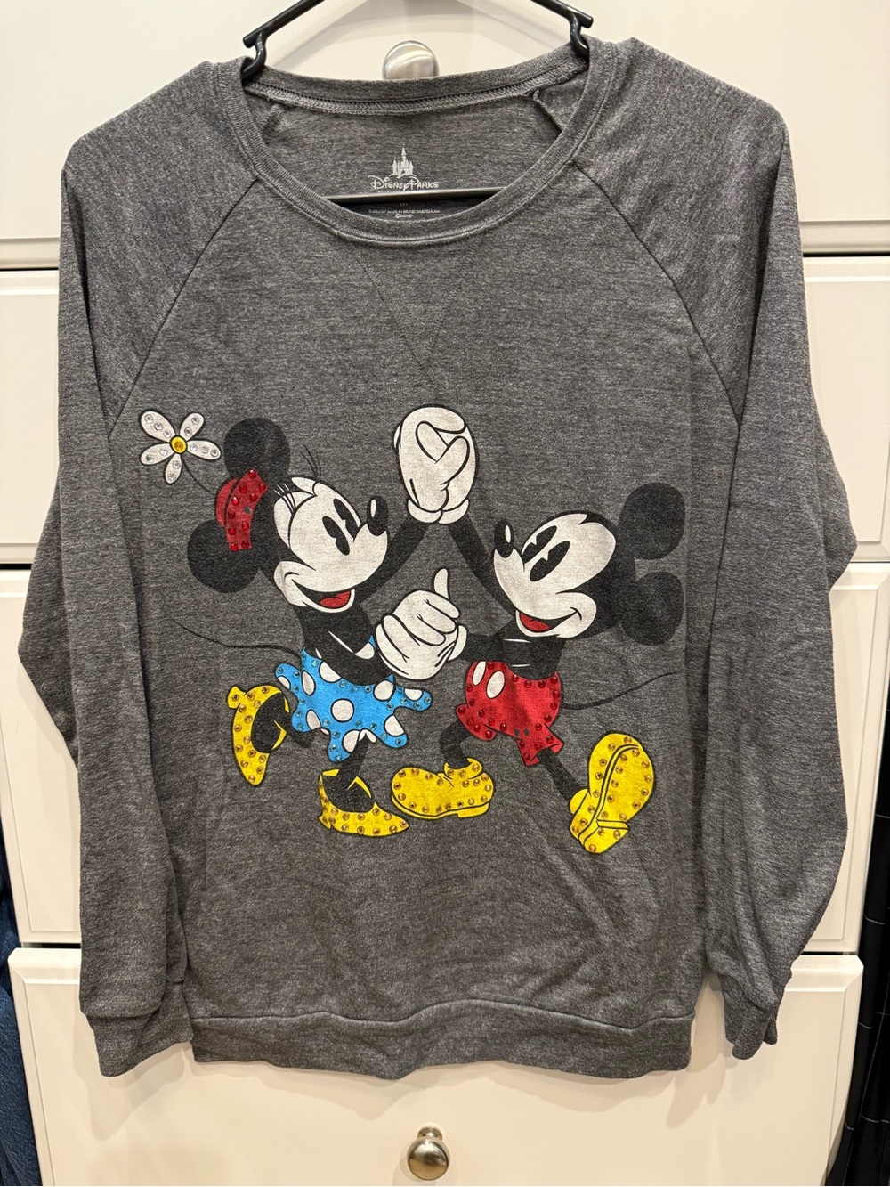 Disney Gray Crewneck Sweater with Colorful Mickey & Minnie Graphic